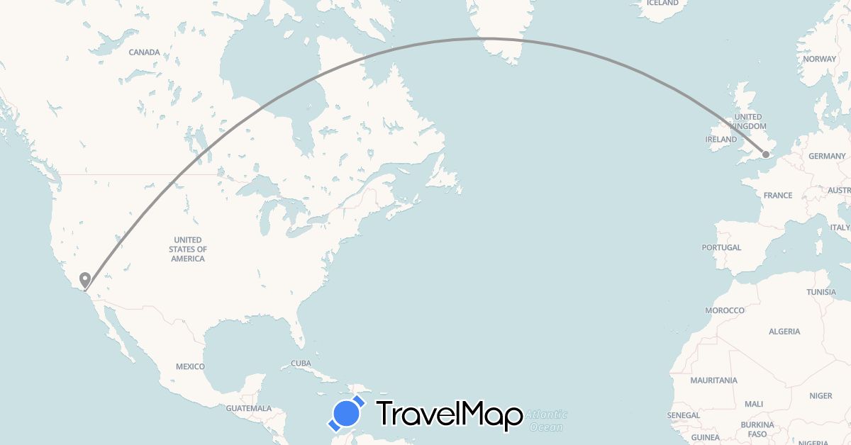 TravelMap itinerary: plane in United Kingdom, United States (Europe, North America)
